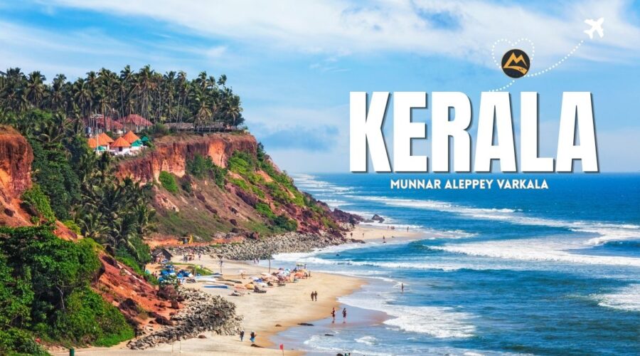 Poster-style photo of Kerala coast: palm-covered cliffs, colorful huts, and a sandy beach with people and blue sea; bold 'KERALA' title overlaid.