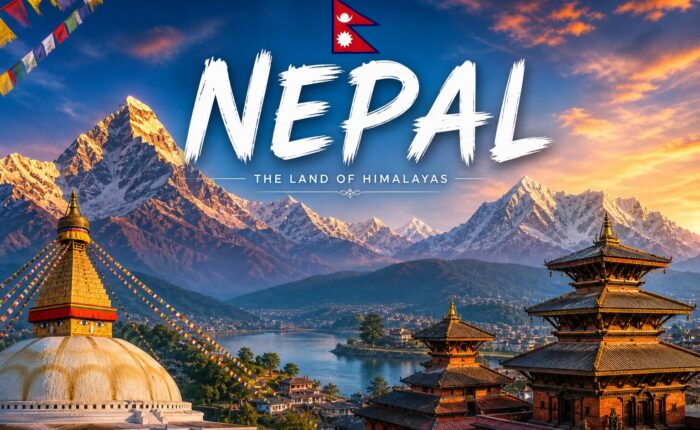 Nepal promotional image: snow-capped Himalayas at sunset, lakeside temples, prayer flags, and the Nepal flag with bold NEPAL text across the sky