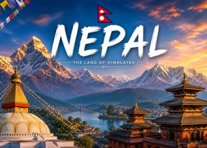 Nepal promotional image: snow-capped Himalayas at sunset, lakeside temples, prayer flags, and the Nepal flag with bold NEPAL text across the sky