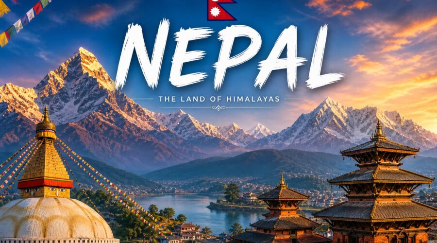 Nepal promotional image: snow-capped Himalayas at sunset, lakeside temples, prayer flags, and the Nepal flag with bold NEPAL text across the sky