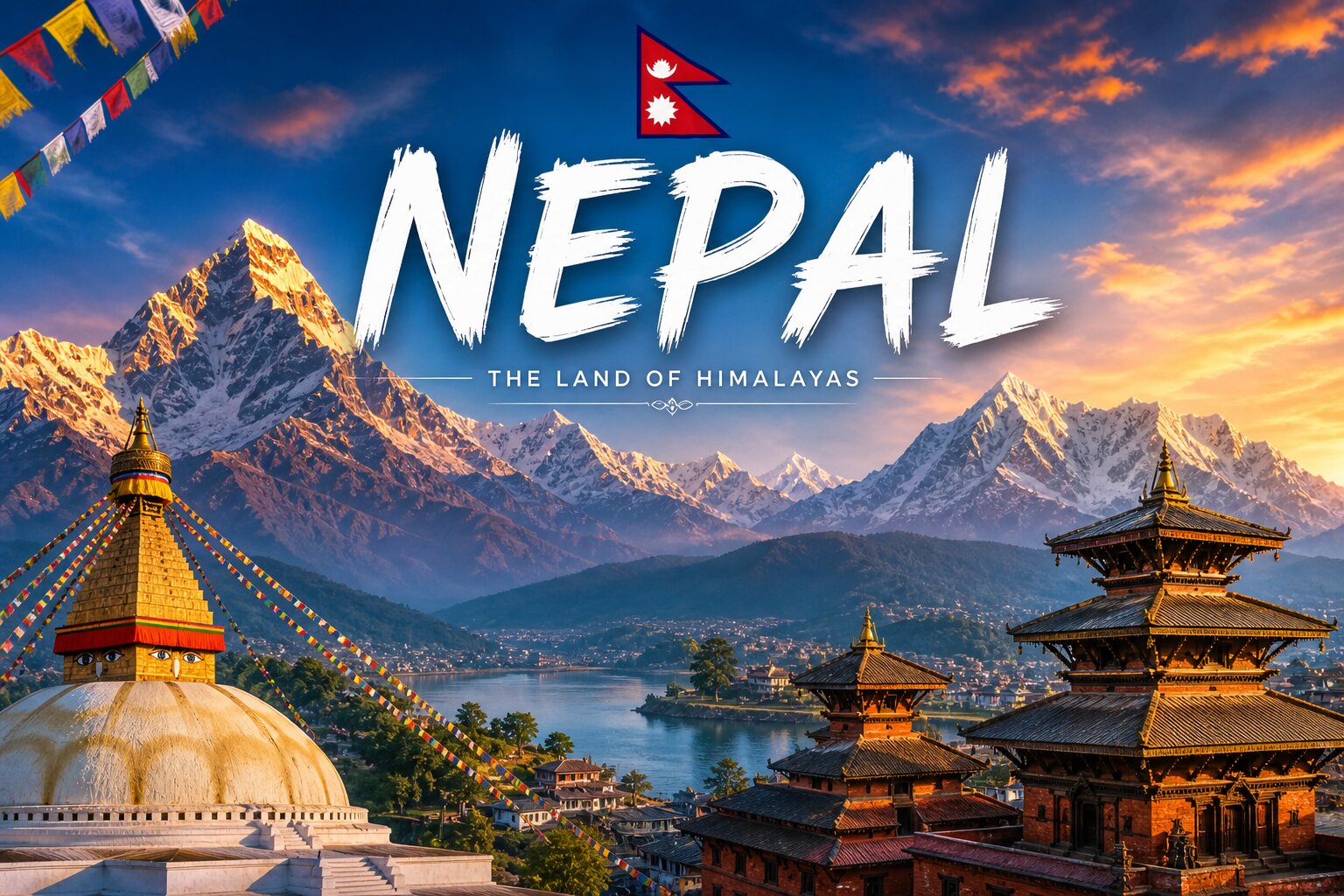 Nepal promotional image: snow-capped Himalayas at sunset, lakeside temples, prayer flags, and the Nepal flag with bold NEPAL text across the sky